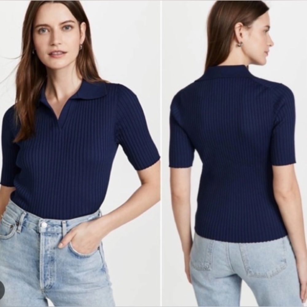 Tory Burch Navy Ribbed Knit Polo Shirt in Medium size